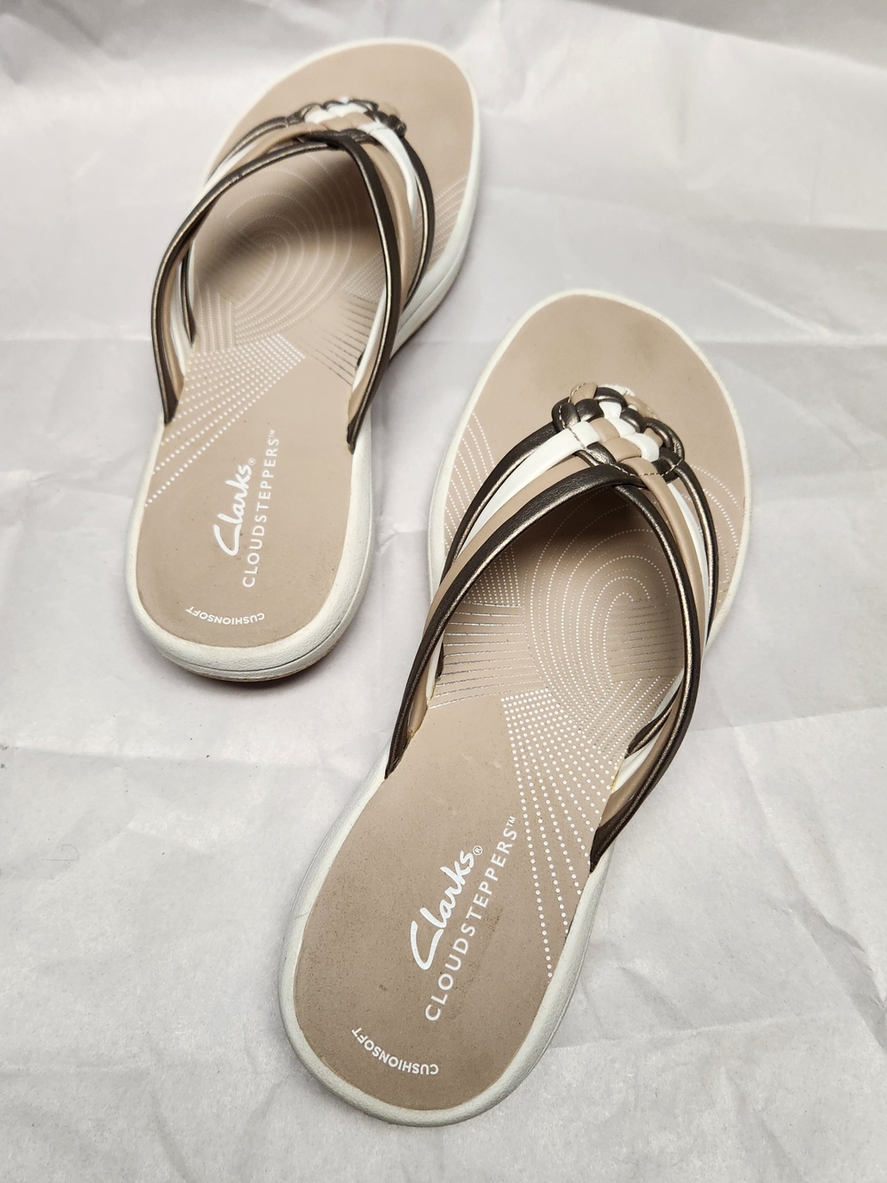 Cloudsteppers by Clarks Tan and White Braided Strap Slide Sandals